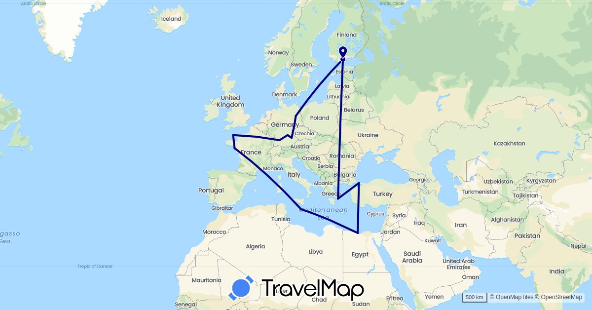 TravelMap itinerary: driving in Germany, Egypt, Finland, France, Guernsey, Greece, Malta, Turkey (Africa, Asia, Europe)